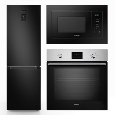 Sleek Modern Kitchen Appliances Including Refrigerator Microwave And Oven With Black Silver Design 3d model