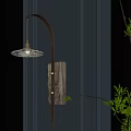 Rustic Wooden Wall Lamp On Vertical Striped Blue Wall With Warm Light And Green Branches