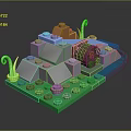Colorful Building Blocks Scene With Green Baseplate Gray Rocks Blue Stream And Curly Green Plants
