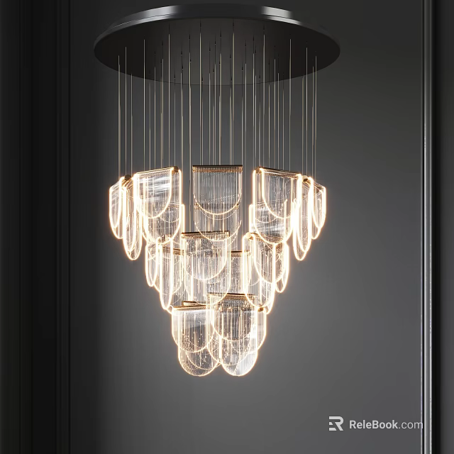 Modern Layered Glass Chandelier with Illuminated Hanging Design and Transparent Shades 3d model 