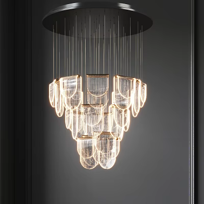 Modern Layered Glass Chandelier with Illuminated Hanging Design and Transparent Shades 3d model