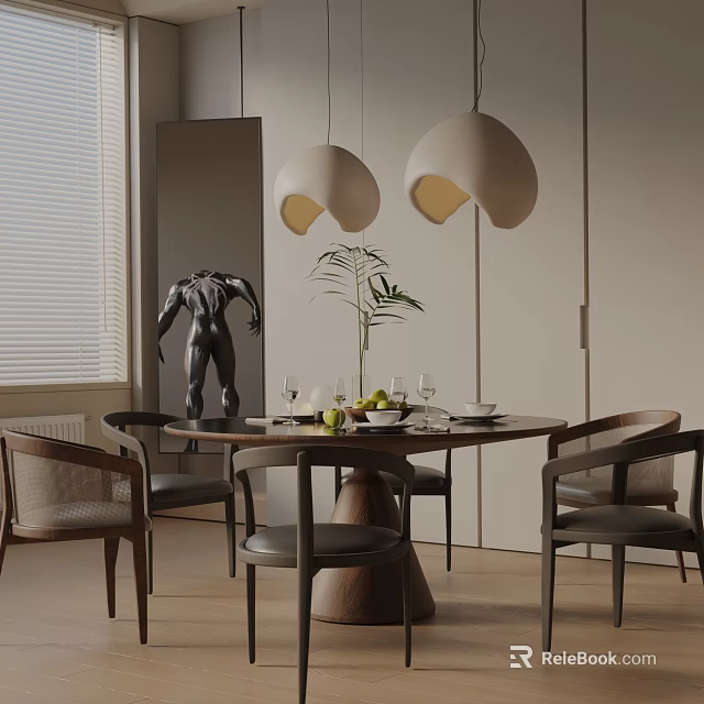 Modern Luxury Dining Table Set with Round Wooden Table Chairs Pendant Lights Green Plant Sculpture 3d model 