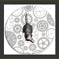 Brown dog sitting on circular platform with black and white gears and clock designs