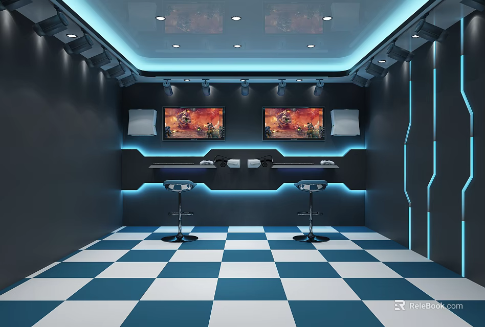 Modern Gaming Room Interior With Dual Monitors Blue Checkered Floor And Bar Stools 3d model 
