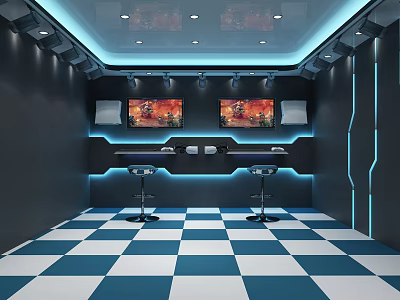 Modern Gaming Room Interior With Dual Monitors Blue Checkered Floor And Bar Stools 3d model