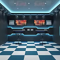 Modern Gaming Room Interior With Dual Monitors Blue Checkered Floor And Bar Stools