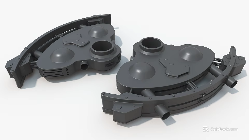 Two Black Industrial Equipment Mechanical Components With Circular Holes And Structural Design 3d model