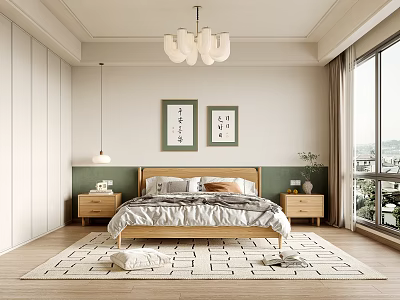 Modern Bedroom Interior With Bed Nightstands Chandelier Framed Art And Geometric Rug 3d model