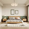 Modern Bedroom Interior With Bed Nightstands Chandelier Framed Art And Geometric Rug