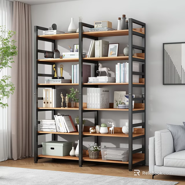 Modern Living Room Bookshelf With Metal Frame Wooden Shelves Books And Decorative Items 3d model 
