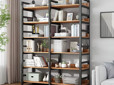 Modern Living Room Bookshelf With Metal Frame Wooden Shelves Books And Decorative Items 3d model