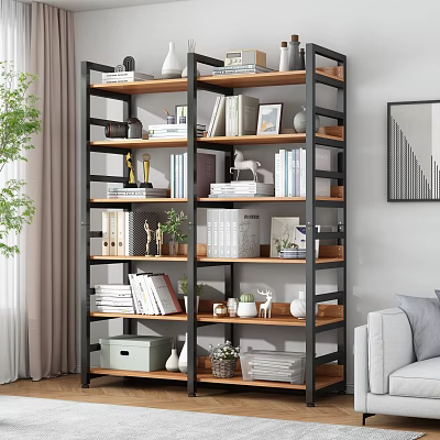 Modern Living Room Bookshelf With Metal Frame Wooden Shelves Books And Decorative Items 3d model