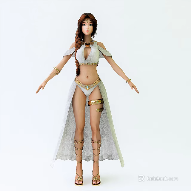 Elegant Game Movie Character With Braided Hair White Crop Top Long Skirt And Golden Accessories 3d model 