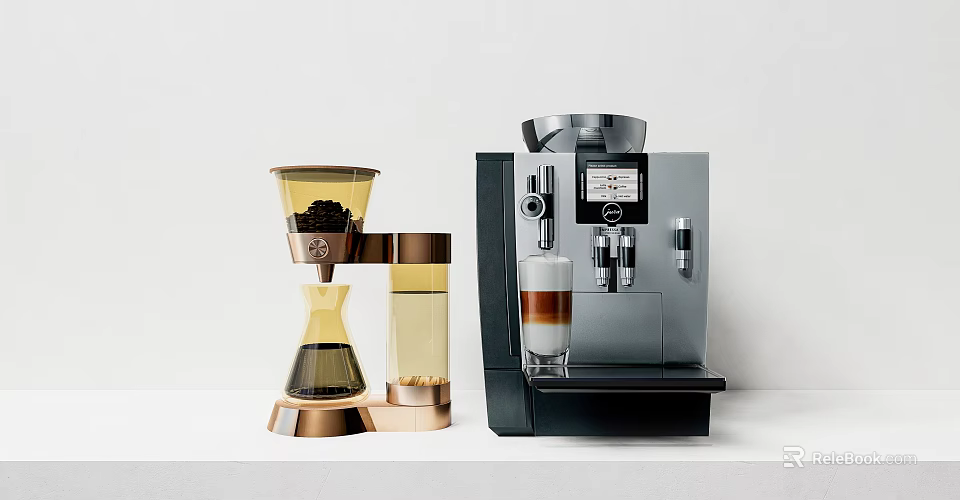 Stylish Kitchen Coffee Appliances With Glass Gold Drip Maker And Automatic Espresso Machine 3d model 