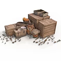 Stacked Wooden Crates Baskets And Clay Pots With Scattered Seashells 3d model