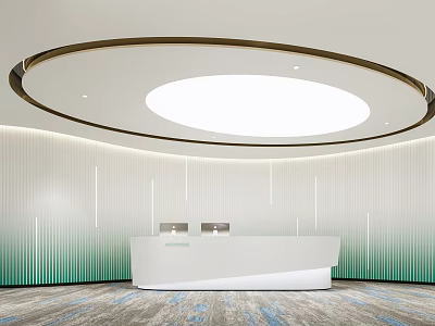Modern Lobby Reception Area With White Curved Desk Green Gradient Walls And Circular Ceiling Light 3d model