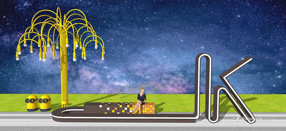 Modern Landscape Seat With Starry Sky Background Green Lawn And Yellow Tree Lighting Installation 3d model 