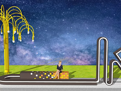 Modern Landscape Seat With Starry Sky Background Green Lawn And Yellow Tree Lighting Installation 3d model