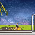 Modern Landscape Seat With Starry Sky Background Green Lawn And Yellow Tree Lighting Installation