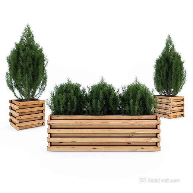 Wooden Planters With Green Shrubs For Outdoor Garden Decor Accents 3d model 