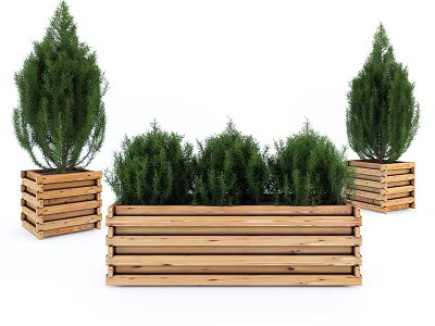 Wooden Planters With Green Shrubs For Outdoor Garden Decor Accents 3d model