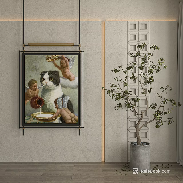 Classical Portrait Painting With Cat And Angels For Home Interior Decor Wall Art 3d model 