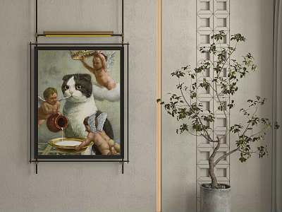 Classical Portrait Painting With Cat And Angels For Home Interior Decor Wall Art 3d model