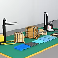 Industrial Equipment With Forklifts Various Colored Pallets And Stacked Boxes For Warehouse Handling