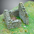 Garden Landscape Featuring Ancient Stone Ruins On Lush Green Grass With Mossy Stones
