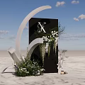 Modern Wedding Decor With Black Backdrop White Flowers Arched Structure And Sandy Ground 3d model