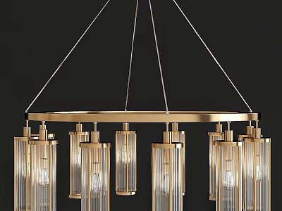 Elegant Golden Metal Frame Chandelier With Transparent Glass Columns Hanging Design 3d model