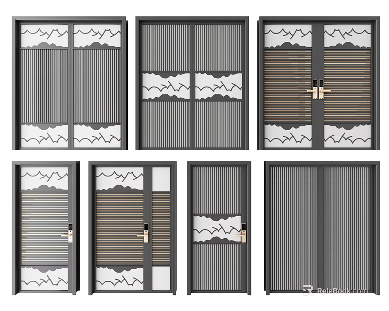 Various Modern Swing Door Designs with Geometric Patterns and Glass Panels 3d model