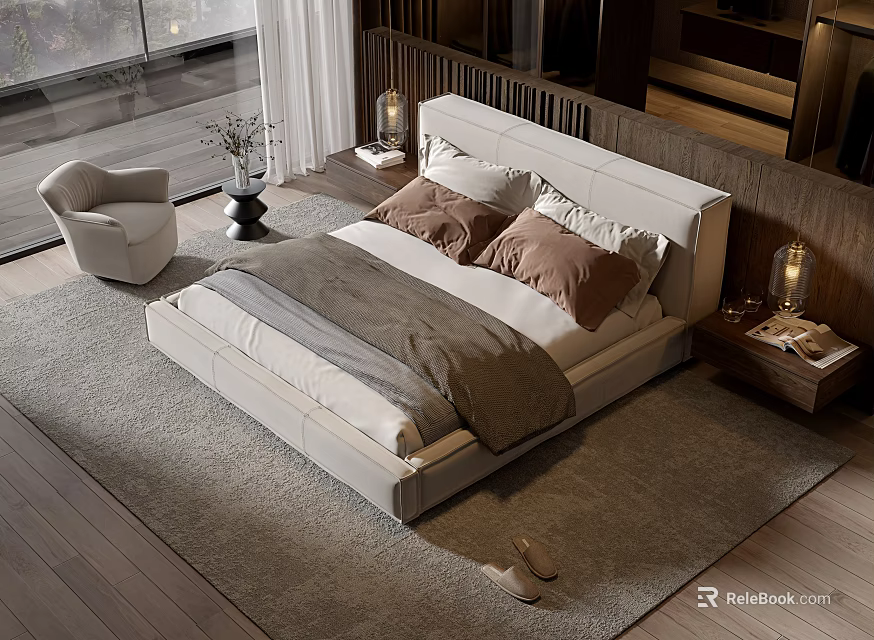 Modern Double Bed with White Frame Gray Brown Pillows and Nightstand Lamp on Wooden Floor 3d model 