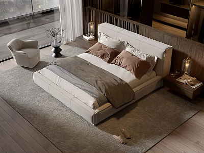 Modern Double Bed with White Frame Gray Brown Pillows and Nightstand Lamp on Wooden Floor 3d model