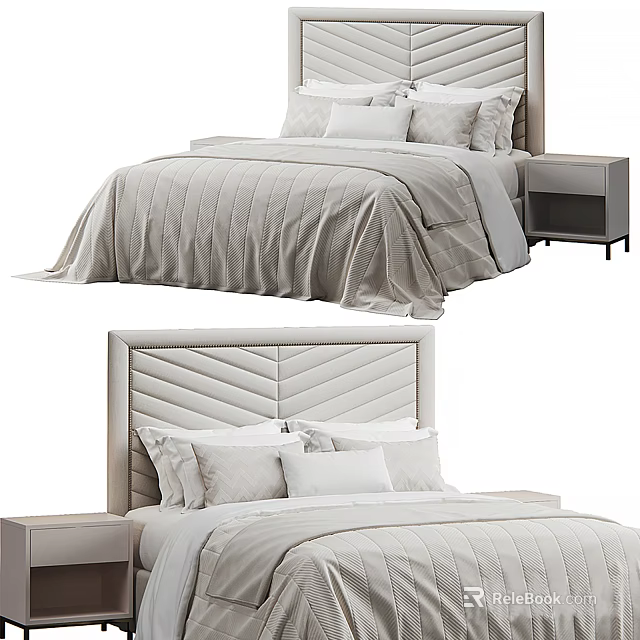 Light Gray Upholstered Double Bed With Chevron Headboard Striped Bedding And Bedside Table 3d model 