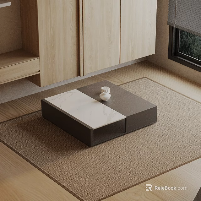 Modern Sofa Coffee Table Set With Marble Top And Dark Wood Frame On Carpet 3d model