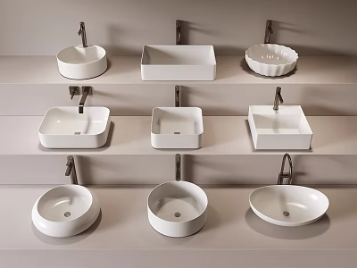 White Ceramic Washbasins With Different Shapes And Designs Displayed On Shelves 3d model
