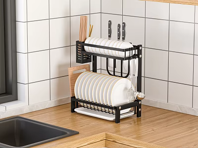 Black Double Tiered Kitchen Dish Rack With Utensil Holder Holding White Plates On Countertop 3d model