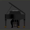 Professional Musician Playing Black Grand Piano With Open Lid And Golden Legs