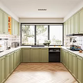 Modern Kitchen Interior With Green Cabinets White Countertops Window With Blinds And Herringbone Flooring