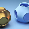 Gold And Blue Abstract Shaped Objects With Smooth Surface And Circular Holes 3d model