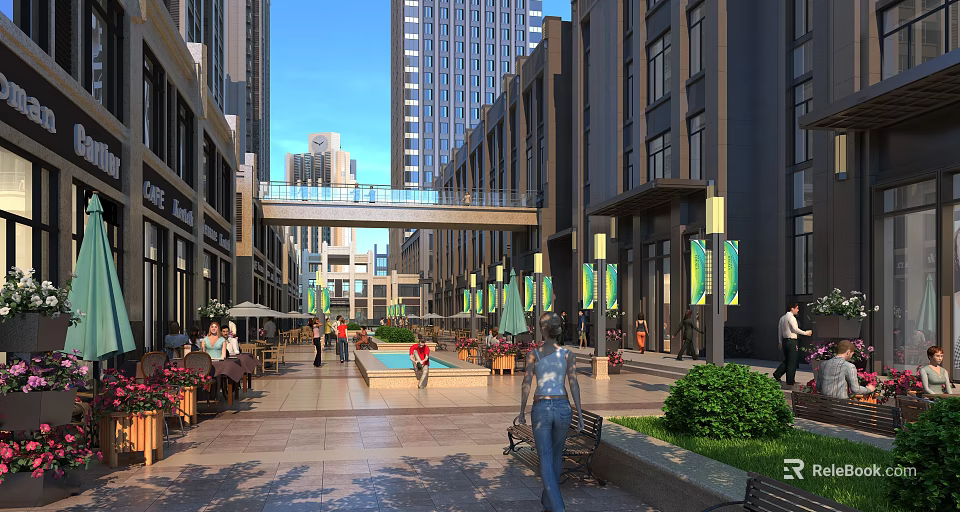 Modern Commercial Street With Tall Buildings Plaza Pedestrians Benches And Flags 3d model 
