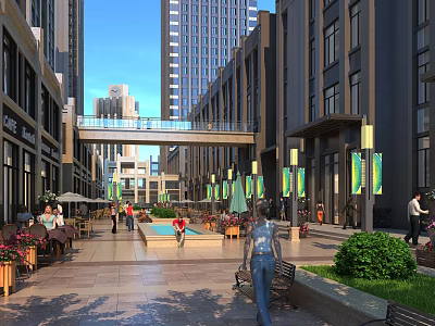 Modern Commercial Street With Tall Buildings Plaza Pedestrians Benches And Flags 3d model