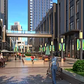 Modern Commercial Street With Tall Buildings Plaza Pedestrians Benches And Flags