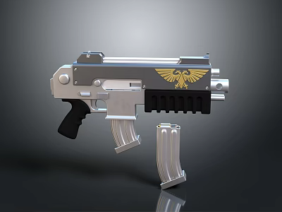Silver Sci Fi Gun With Golden Eagle Emblem And Detachable Magazines 3d model