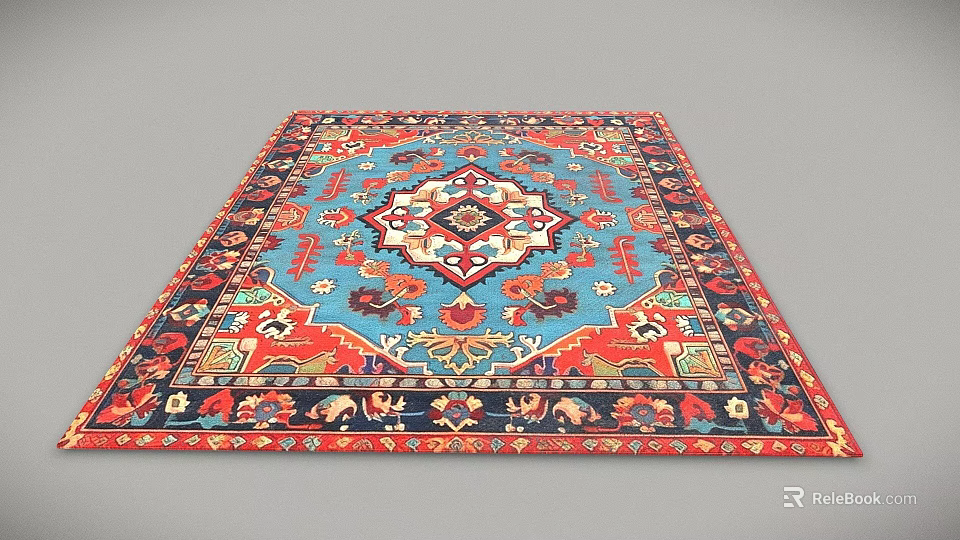 Traditional Square Rug With Vibrant Blue Red Patterns And Intricate Floral Designs 3d model 