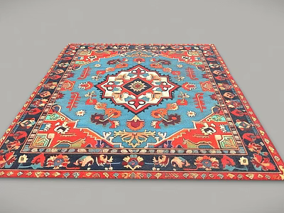 Traditional Square Rug With Vibrant Blue Red Patterns And Intricate Floral Designs 3d model