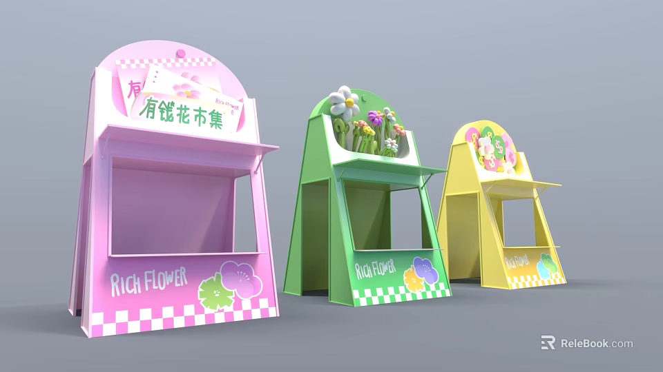 Colorful Flower Market Photo Spot With Pink Green Yellow Stalls And Flower Decorations 3d model 