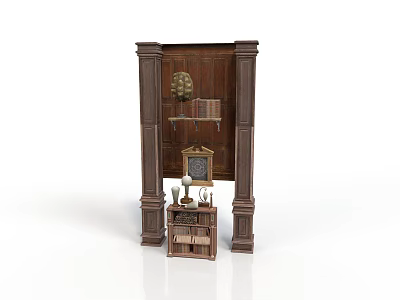 Vintage Wooden Architectural Structure With Carved Panel Columns And Decorative Shelf Items 3d model