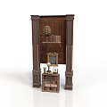 Vintage Wooden Architectural Structure With Carved Panel Columns And Decorative Shelf Items